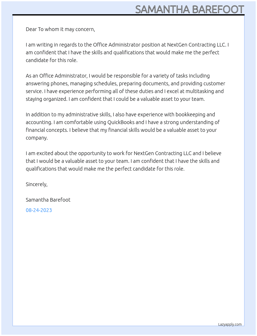 Office Administrator  At NextGen Contracting LLC Cover Letter