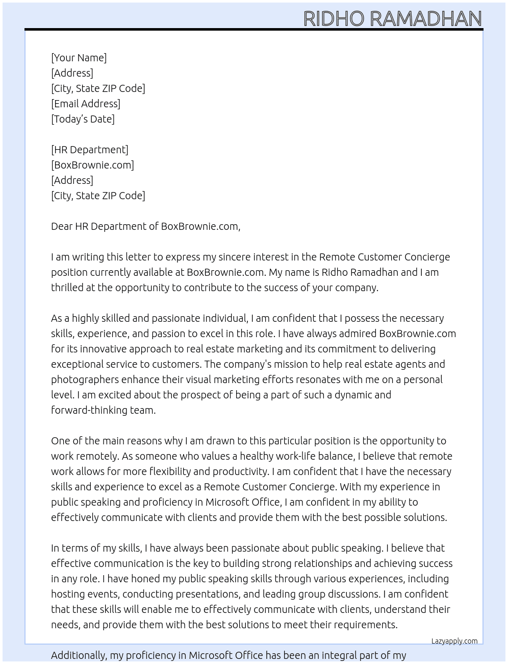 Remote Customer Concierge At BoxBrownie.com Cover Letter