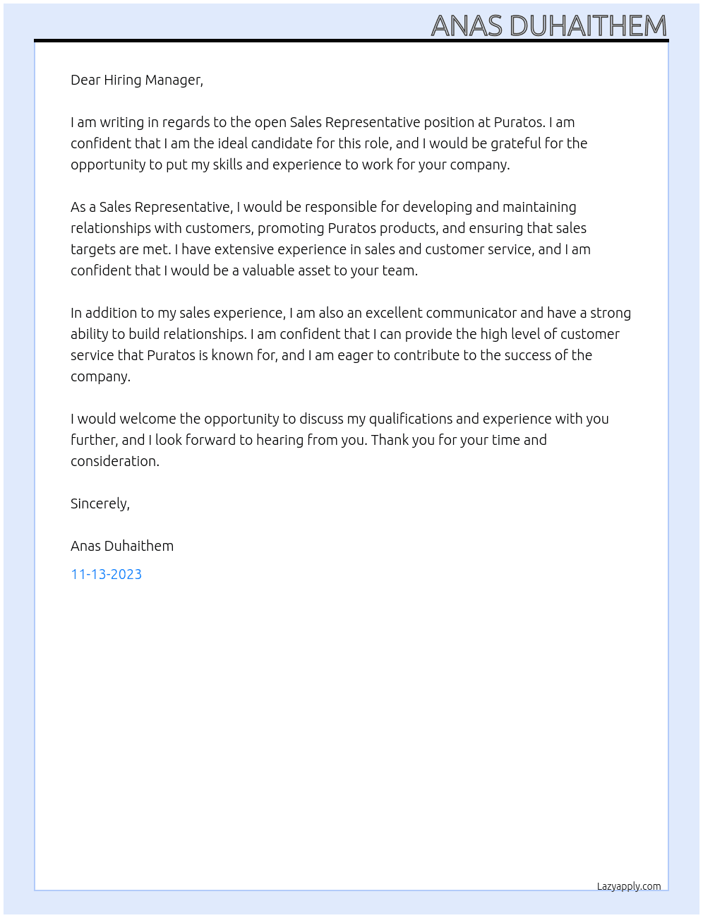 Sales Representative At Puratos Cover Letter