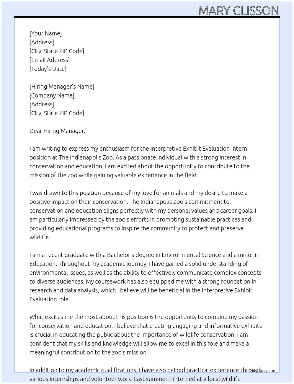 Interpretive Exhibit Evaluation Intern At The Indianapolis Zoo Cover Letter