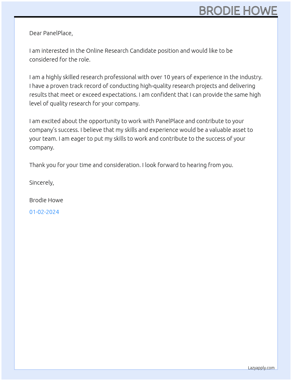 Online Research Candidate At PanelPlace Cover Letter