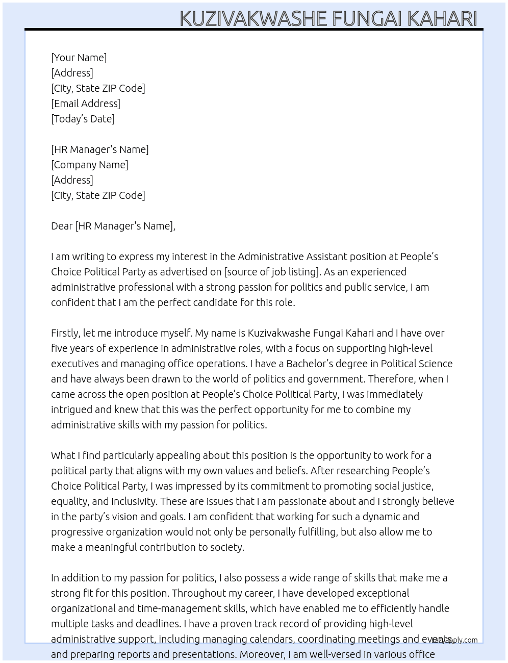 Adminstrative Assistant  At People's Choice Political Party  Cover Letter