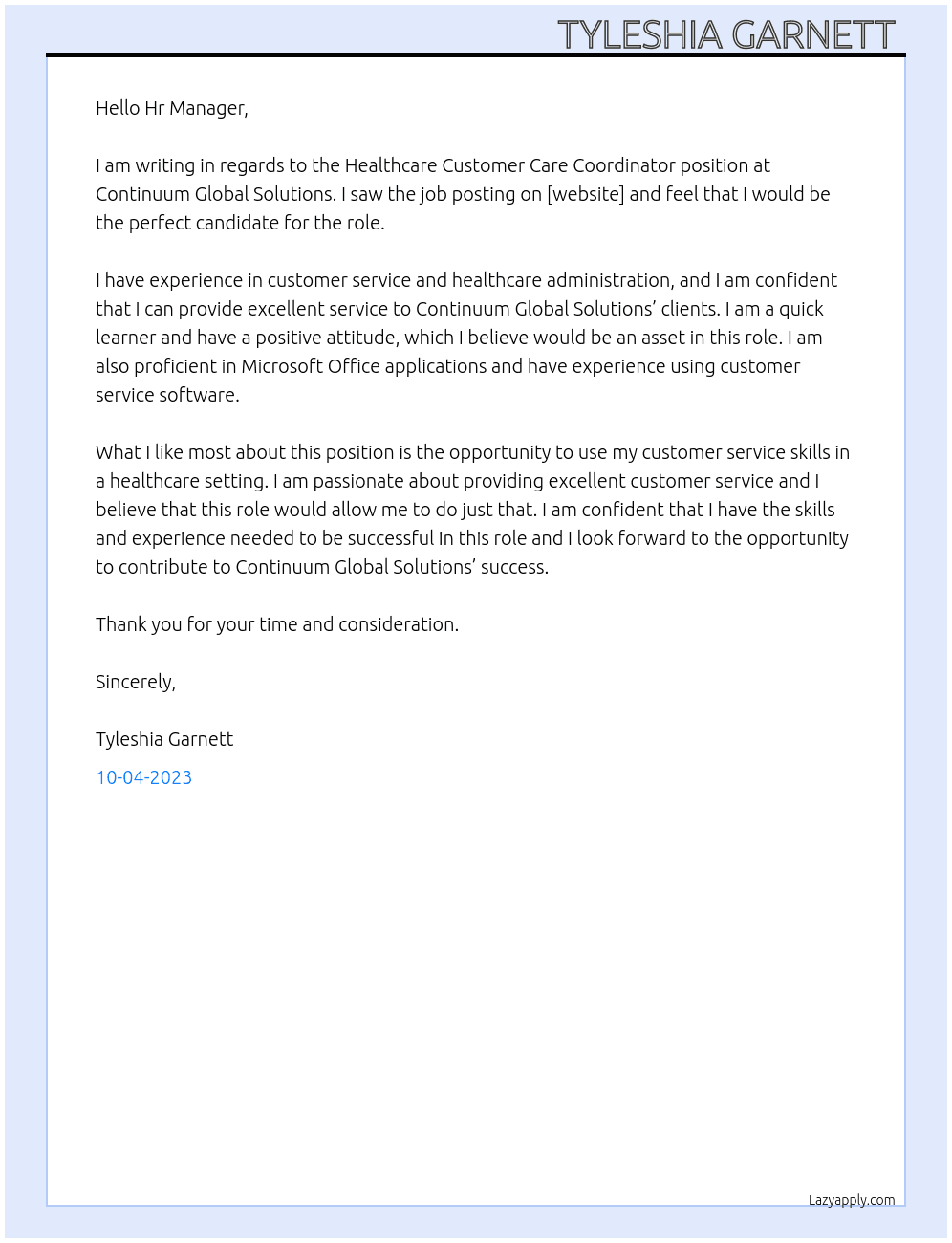 Healthcare Customer Care Coordinator  At Continuum Global Solutions  Cover Letter