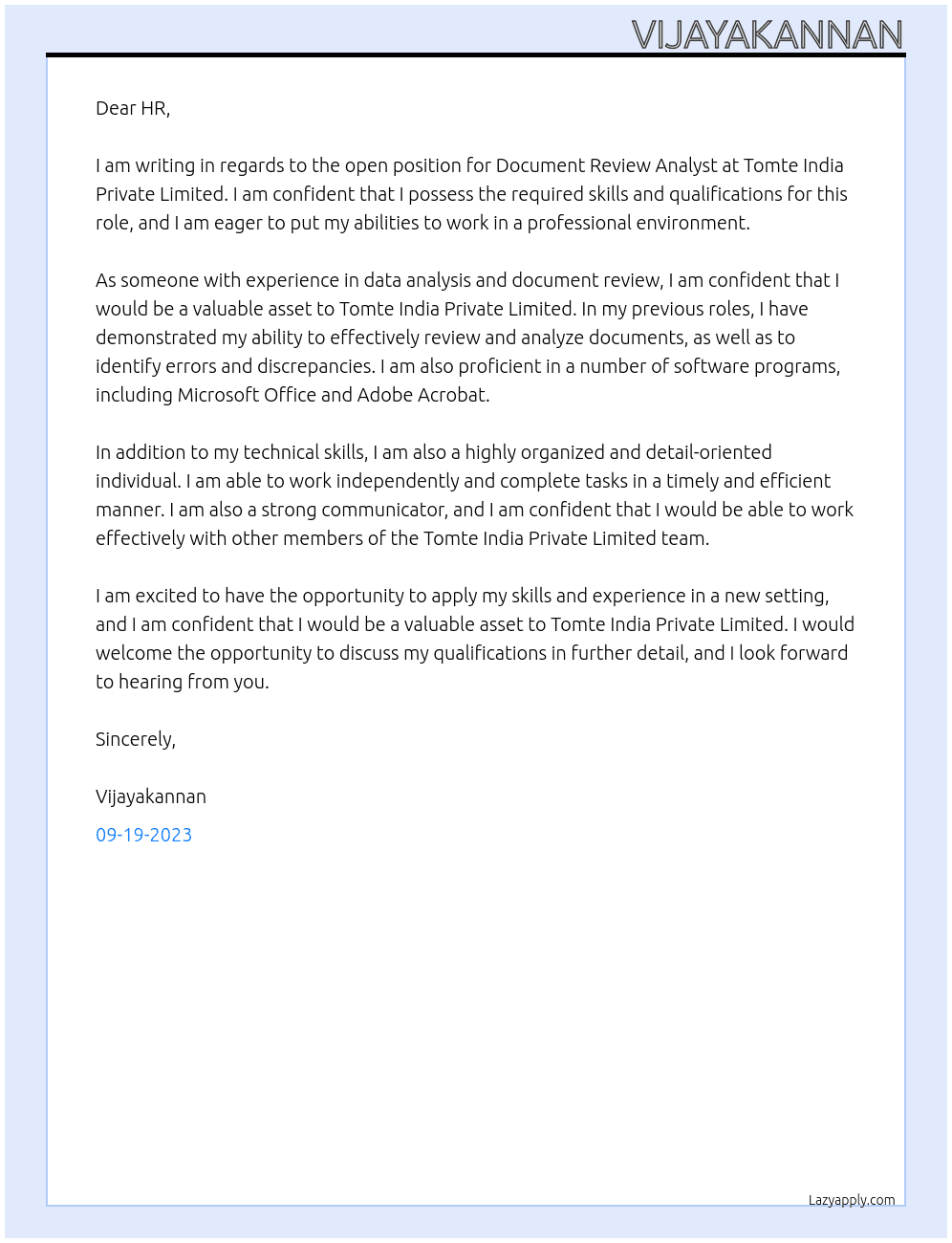 Document Review Analyst  At Tomte india private limited  Cover Letter