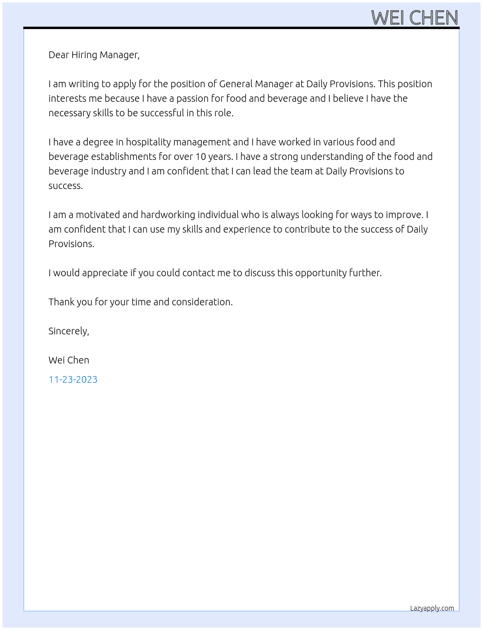 General Manager At Daily Provisions Cover Letter