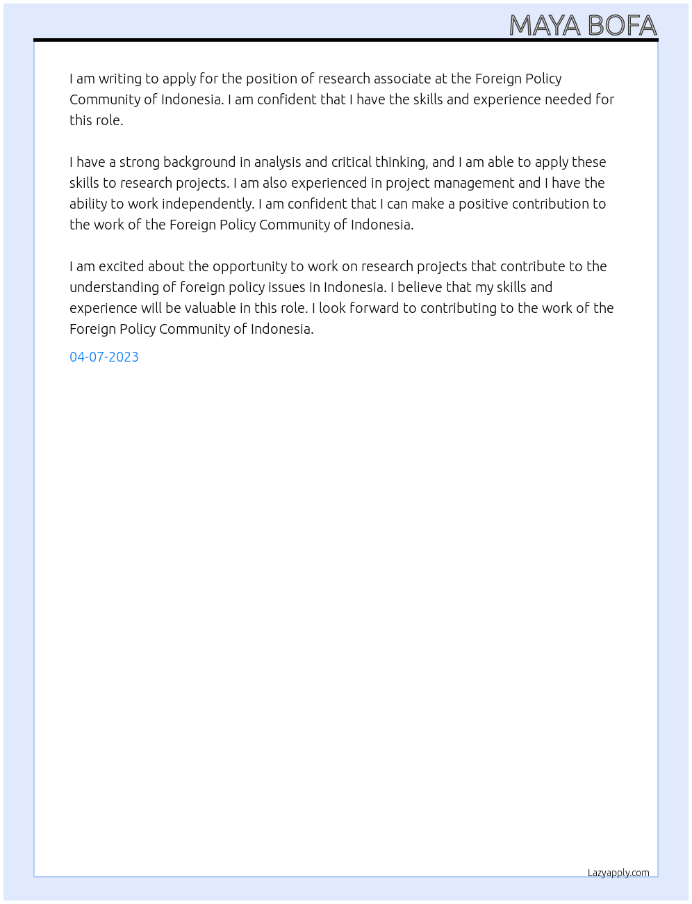 research assosiate At Foreign Policy Community of Indonesia Cover Letter