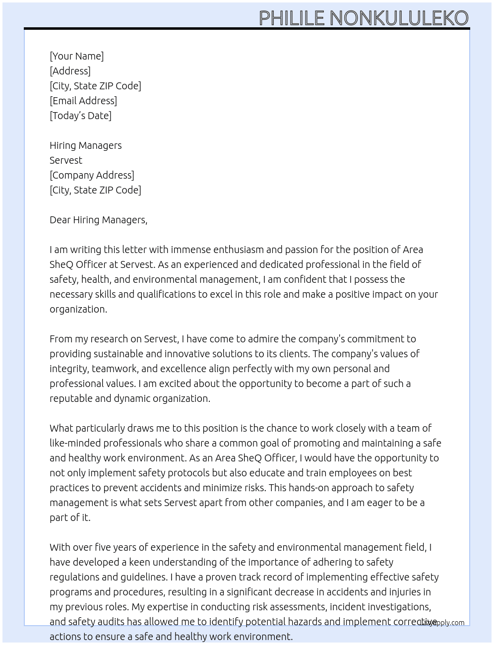 Area SheQ Officer At Servest  Cover Letter