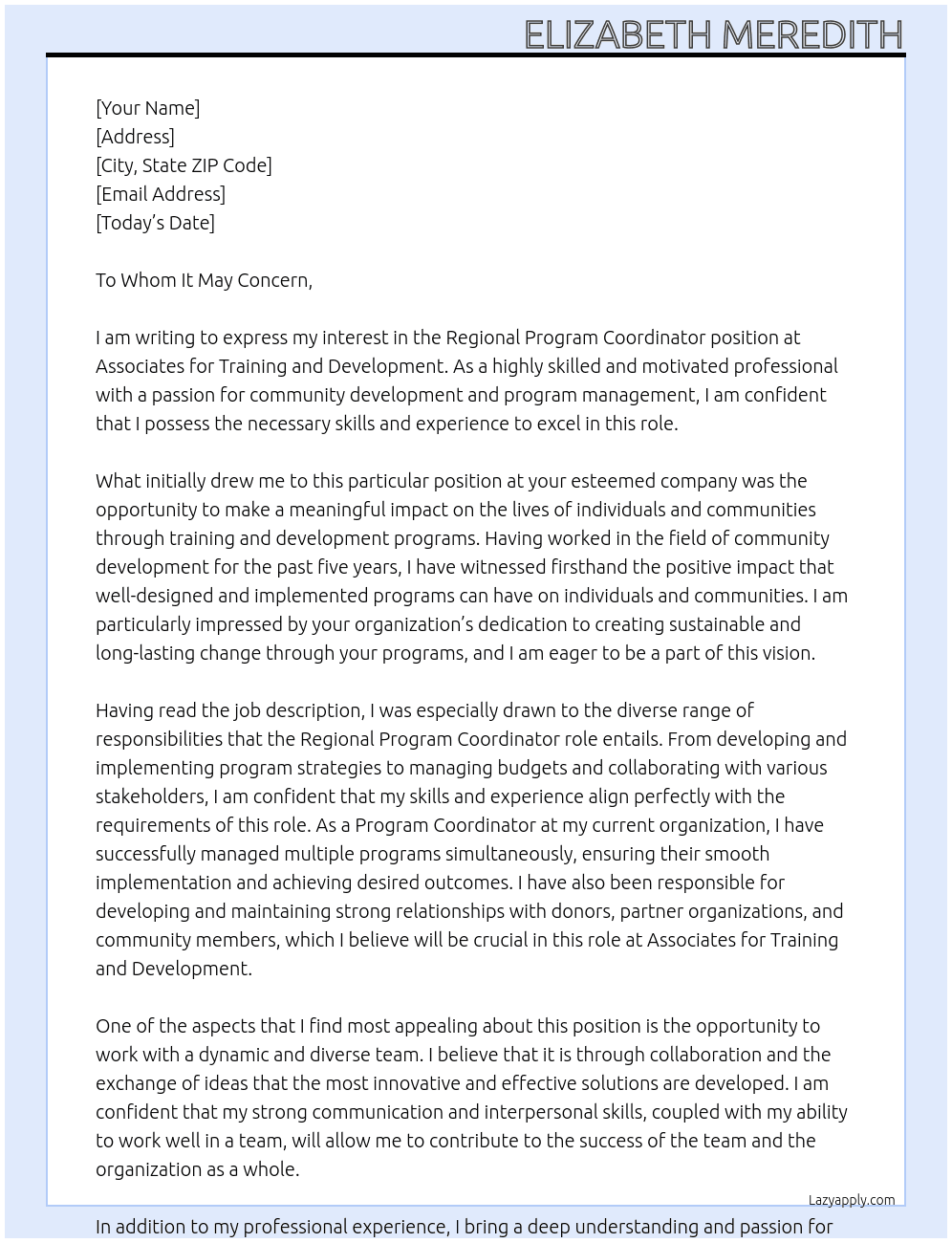 Regional Program Coordinator At Associates for Training and Development Cover Letter