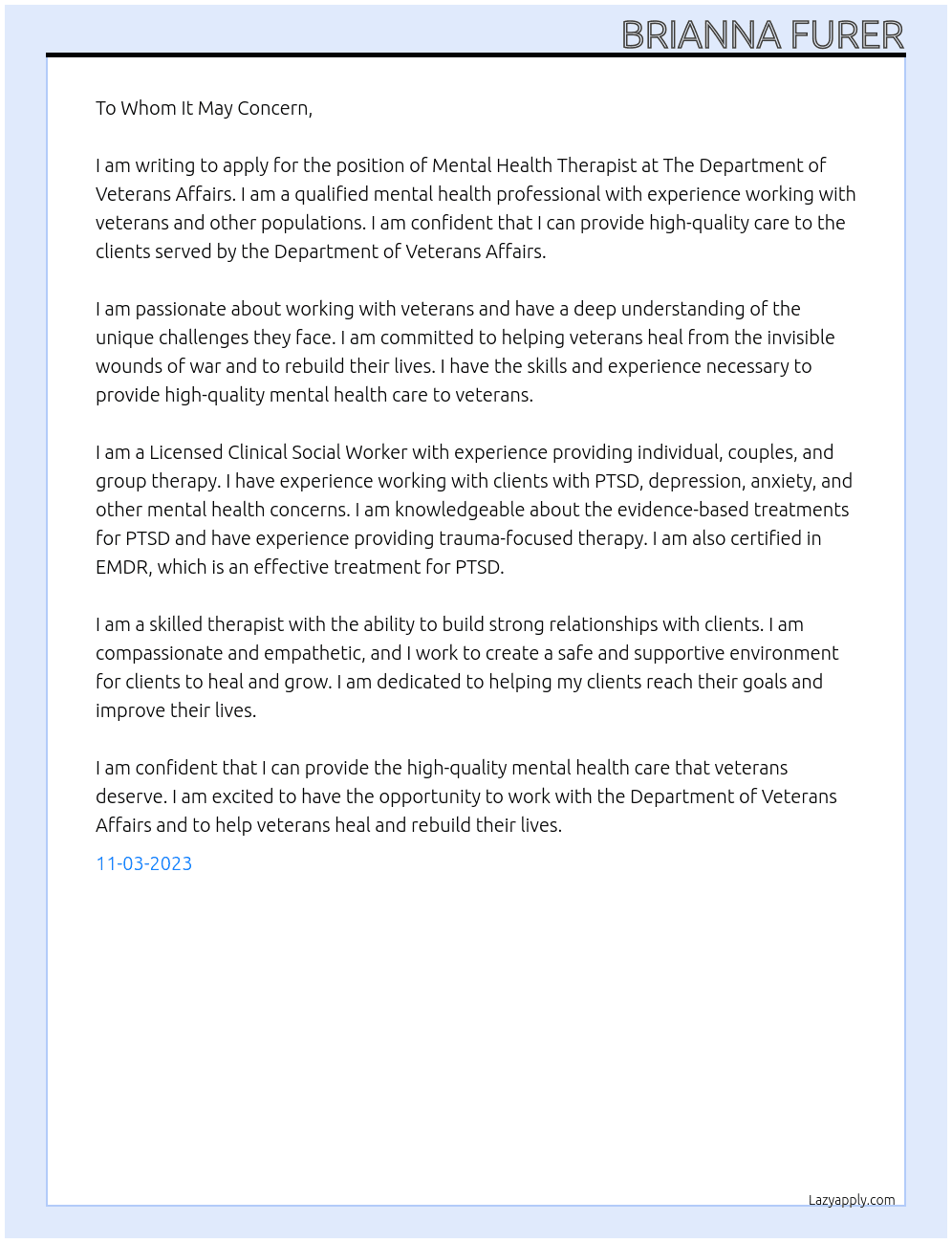 Mental Health Therapist At The Department of Veterans Affairs Cover Letter