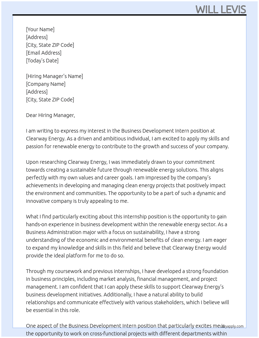 Buisness development intern At Clearway Energy Cover Letter