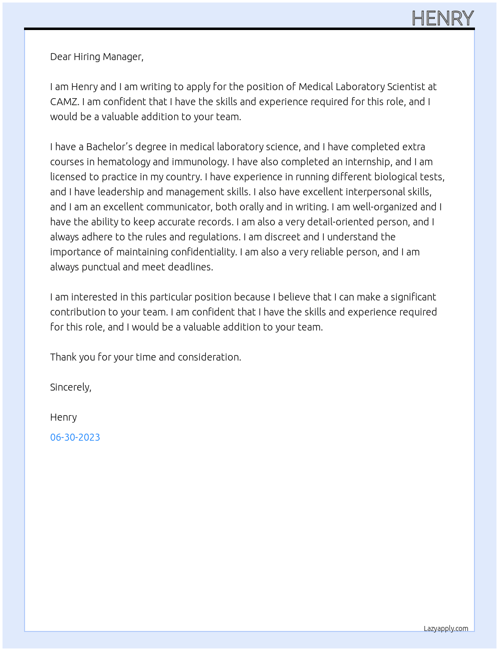 MEDUCAL LABORATORY SCIENTIST At CAMZ Cover Letter