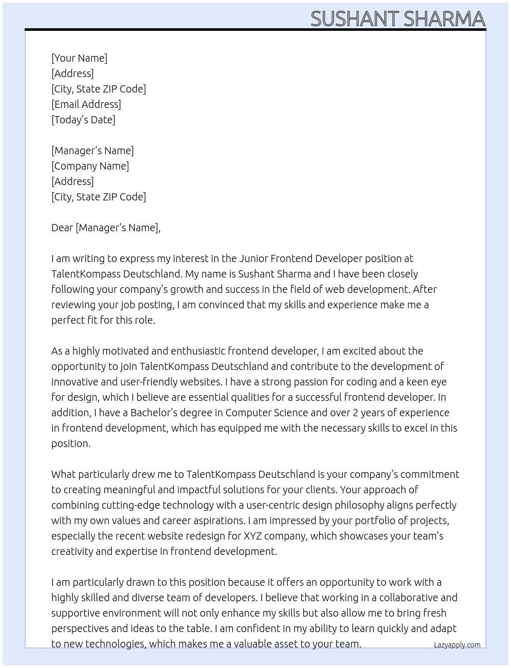 Junior Frontend Developer  At TalentKompass Deutschland Cover Letter