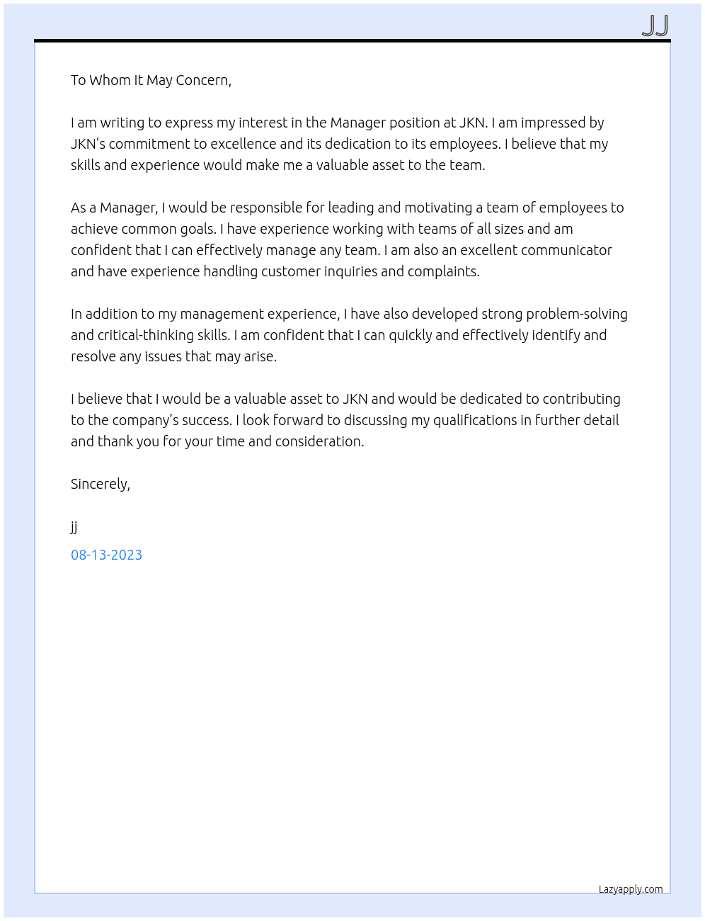 manager At jkn Cover Letter
