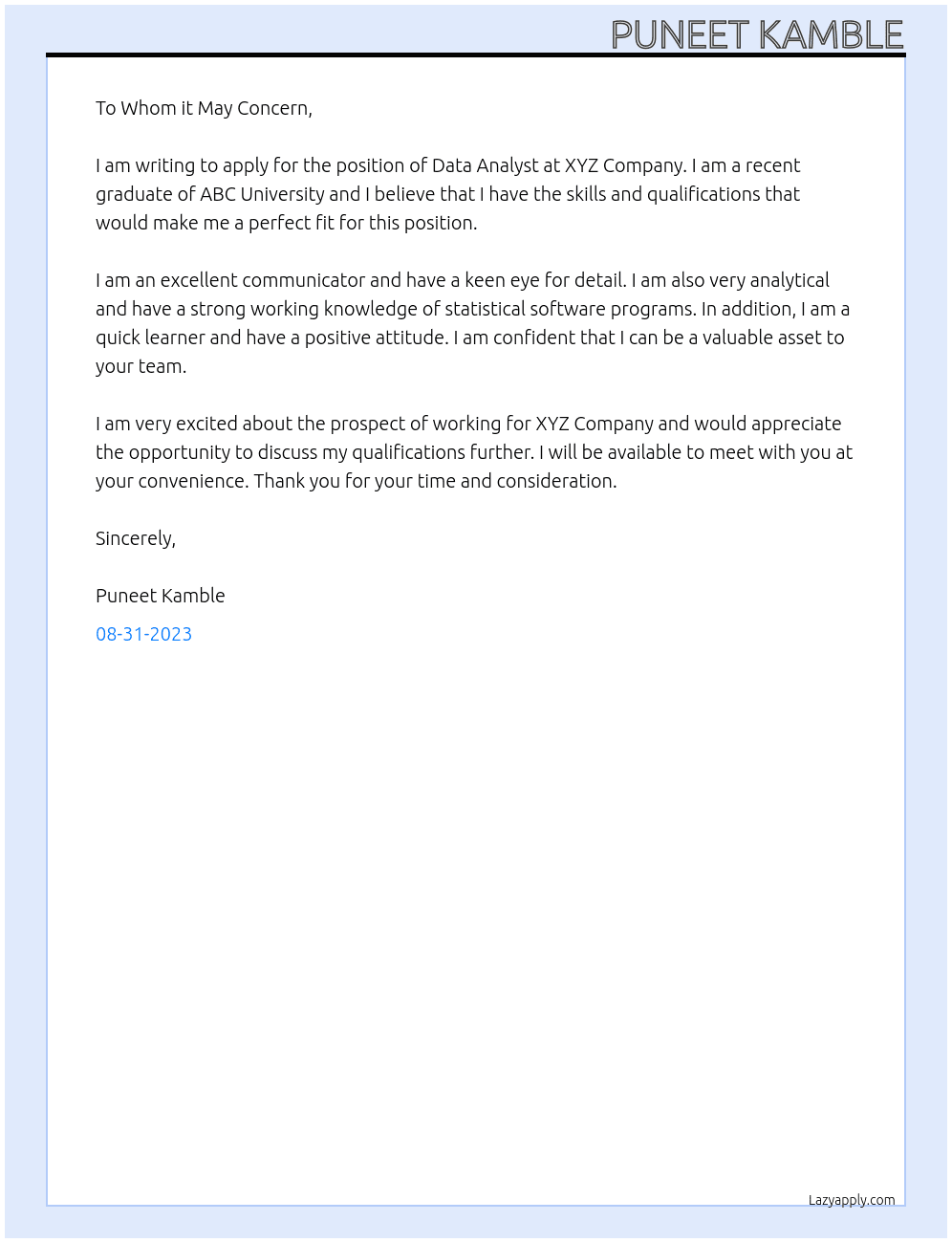 data analyst At xxxxx Cover Letter