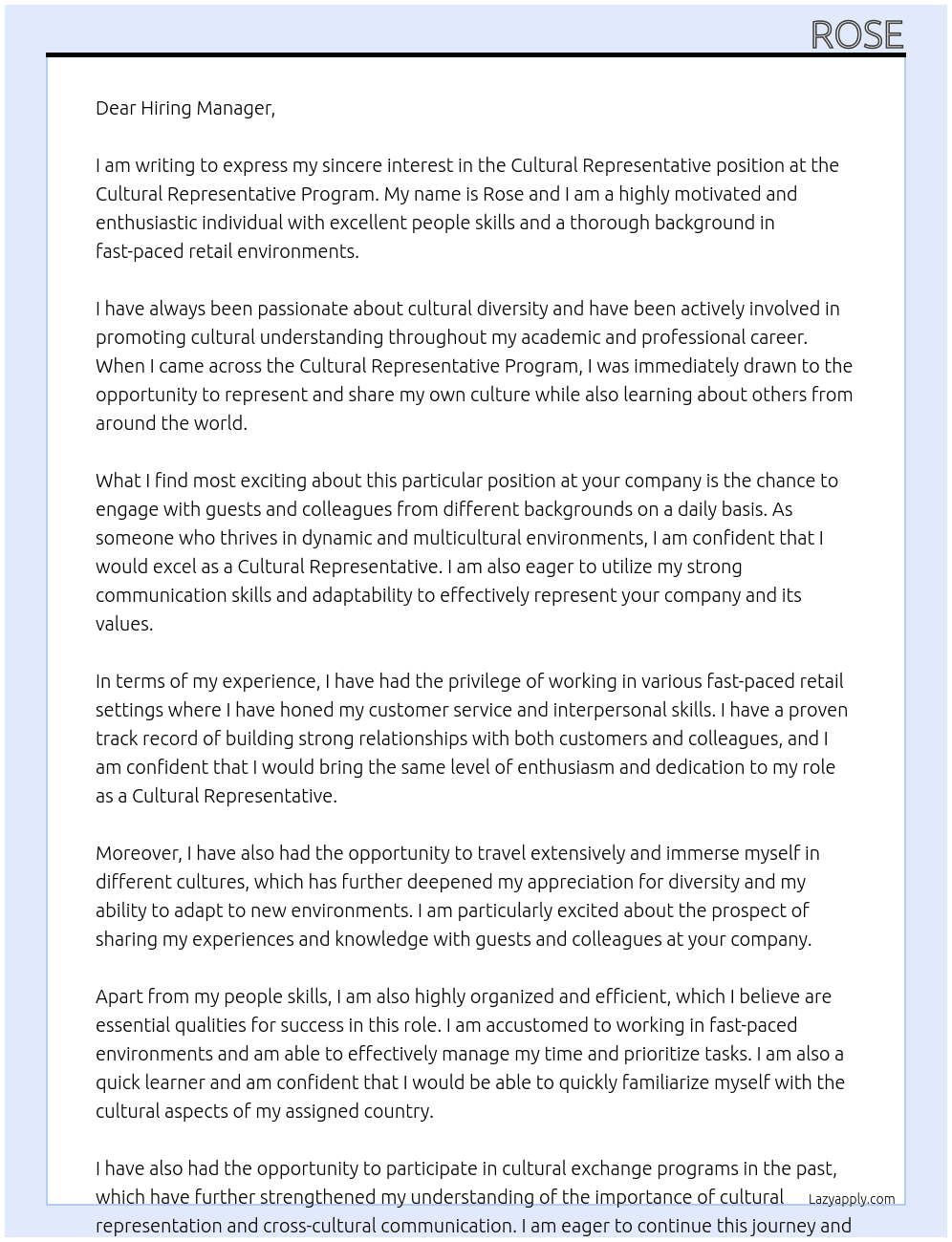 Cultural Representativr At Cultural Representative Program Cover Letter