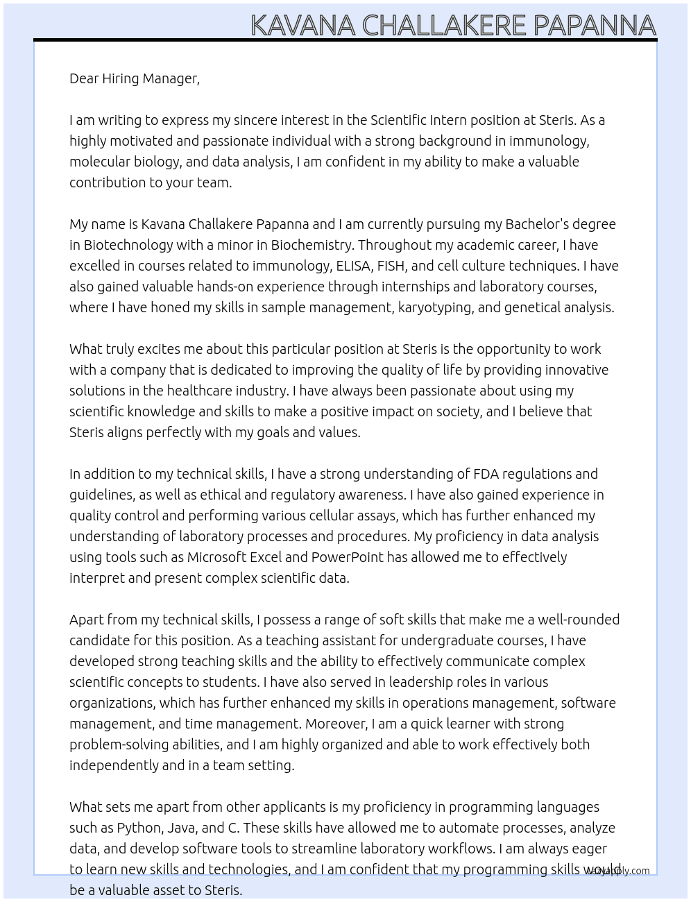 scientific intern At steris Cover Letter