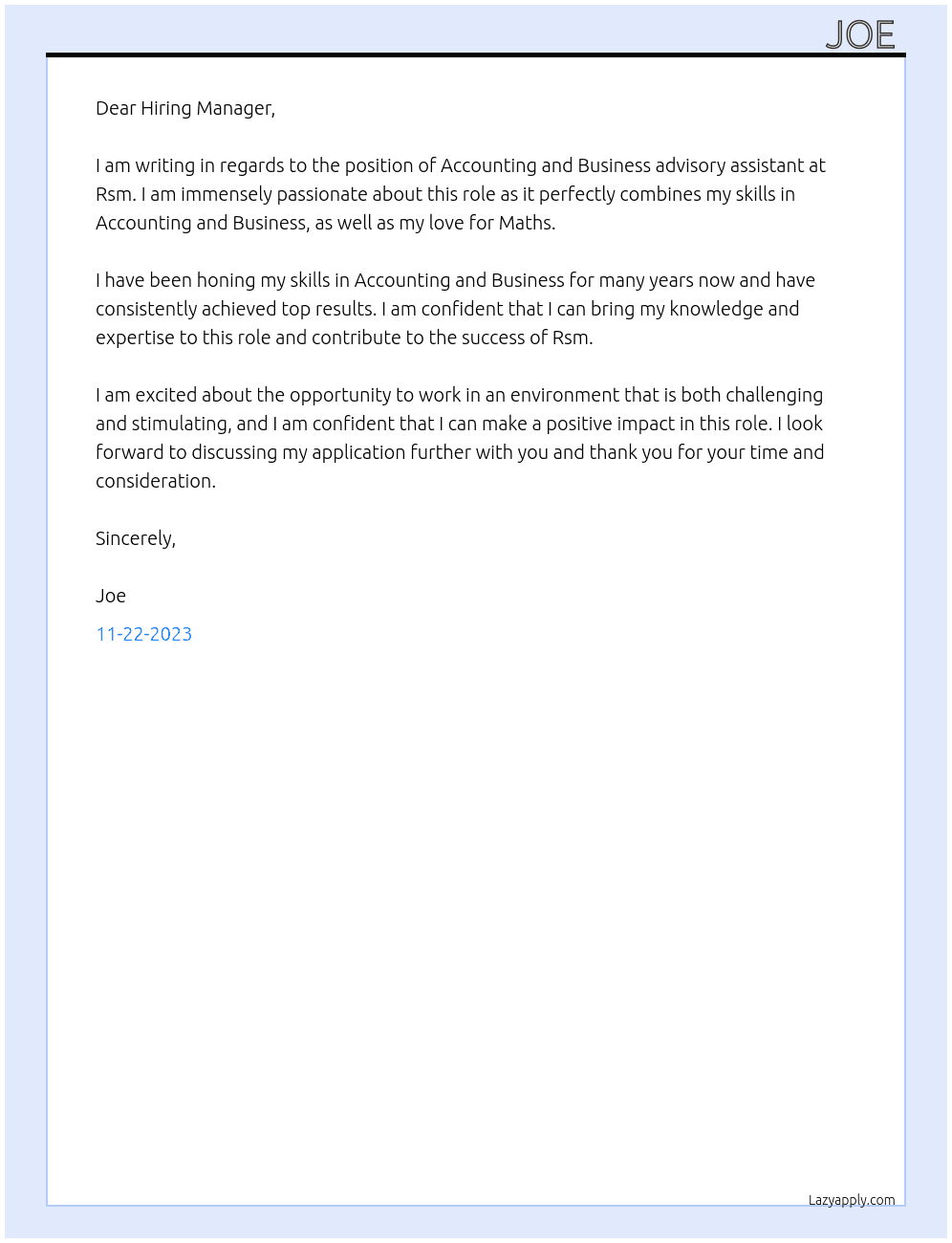 Accounting and Business advisory assistant At Rsm Cover Letter