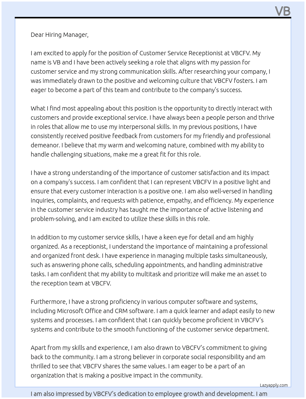 customer service receptionist At vbcfv Cover Letter
