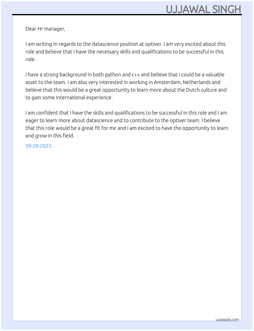 datascience At optiver Cover Letter