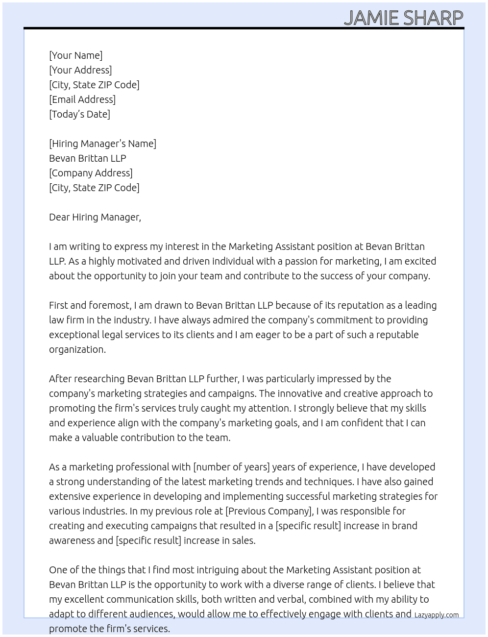 Marketing Assistant  At Bevan Brittan LLP Cover Letter