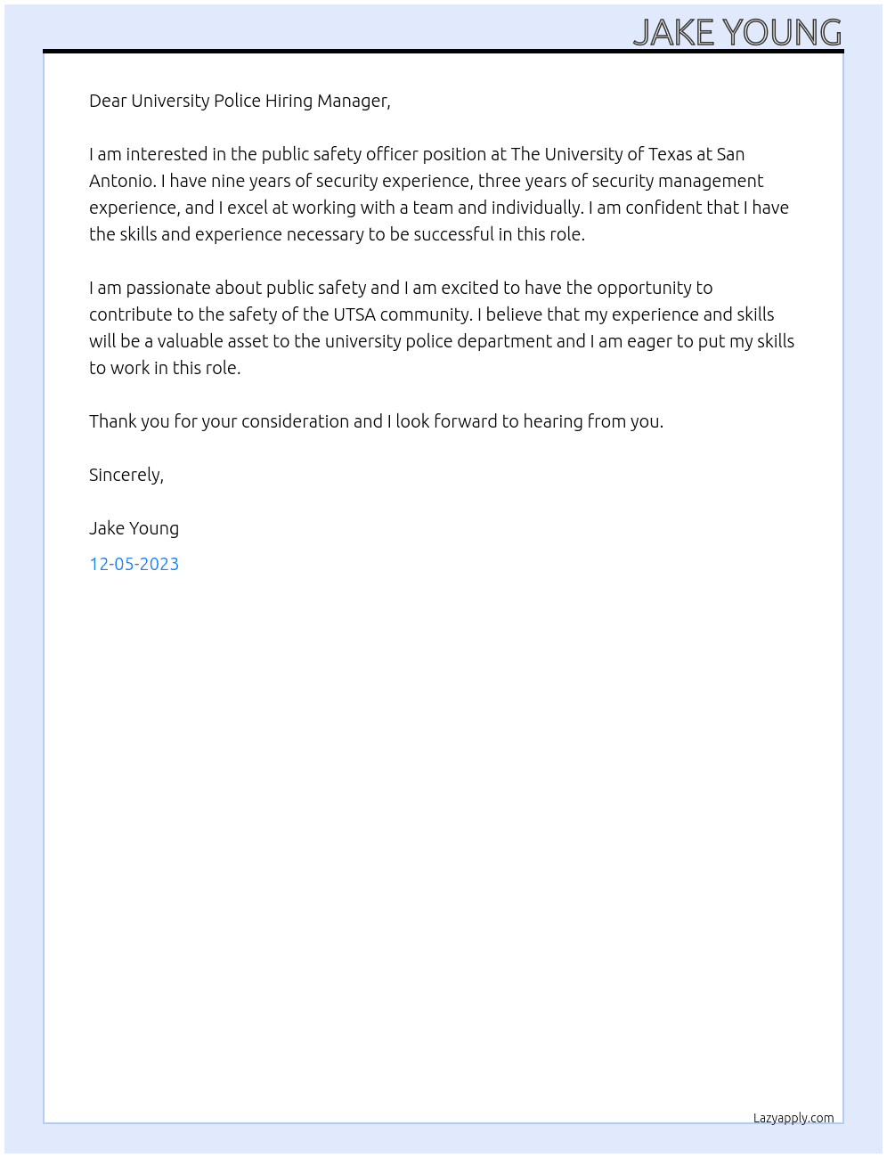 Public safety officer- university police  At The University of Texas at San Antonio Cover Letter
