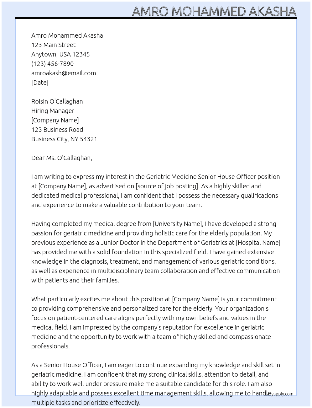 Geriatric Medicine Senior House Officer At  Roisin O'Callaghan Cover Letter