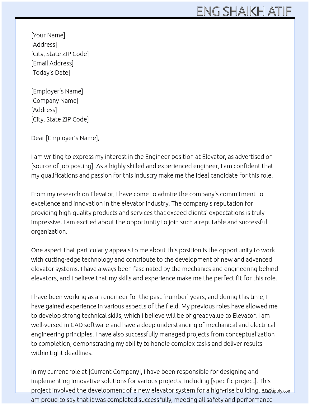 Engineer At elevator Cover Letter
