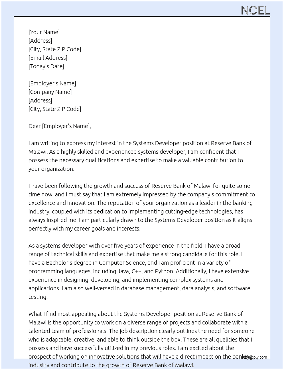 systems developer At Reserve Bank of Malawi Cover Letter