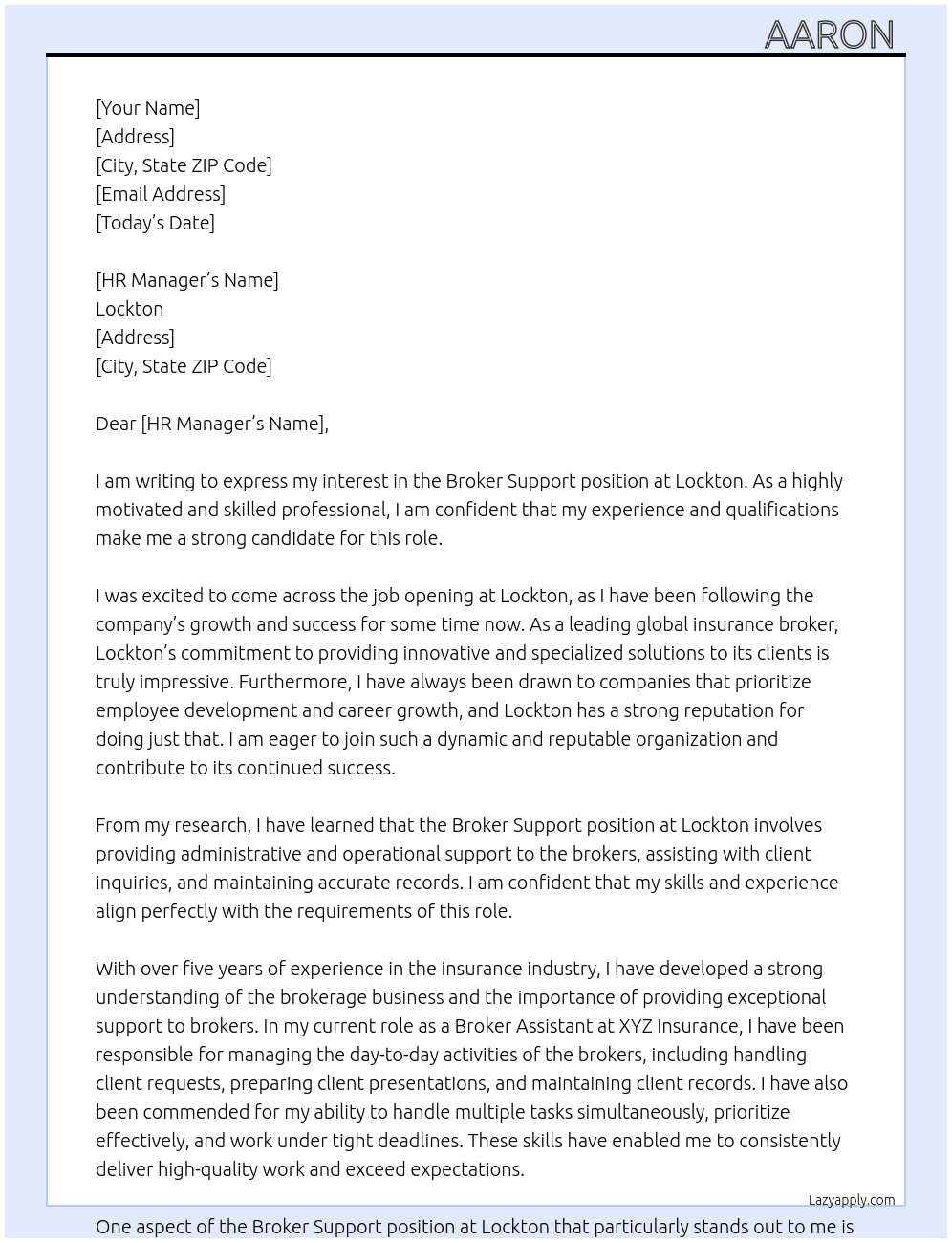 Broker Support At Lockton Cover Letter