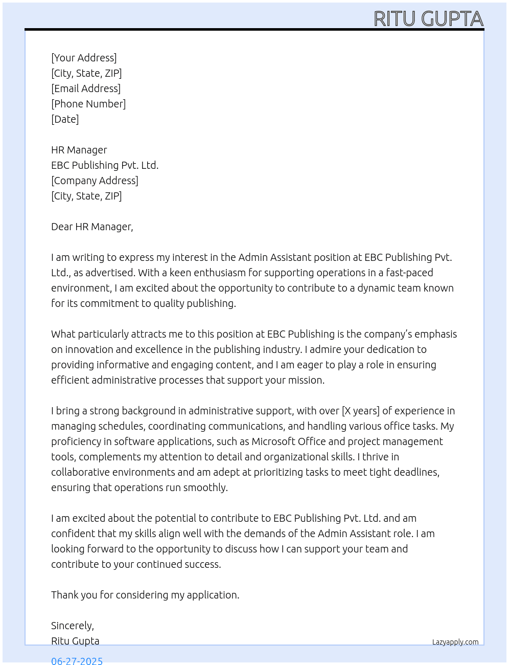 Admin assistant At EBC PUBLISHING PVT LTD Cover Letter
