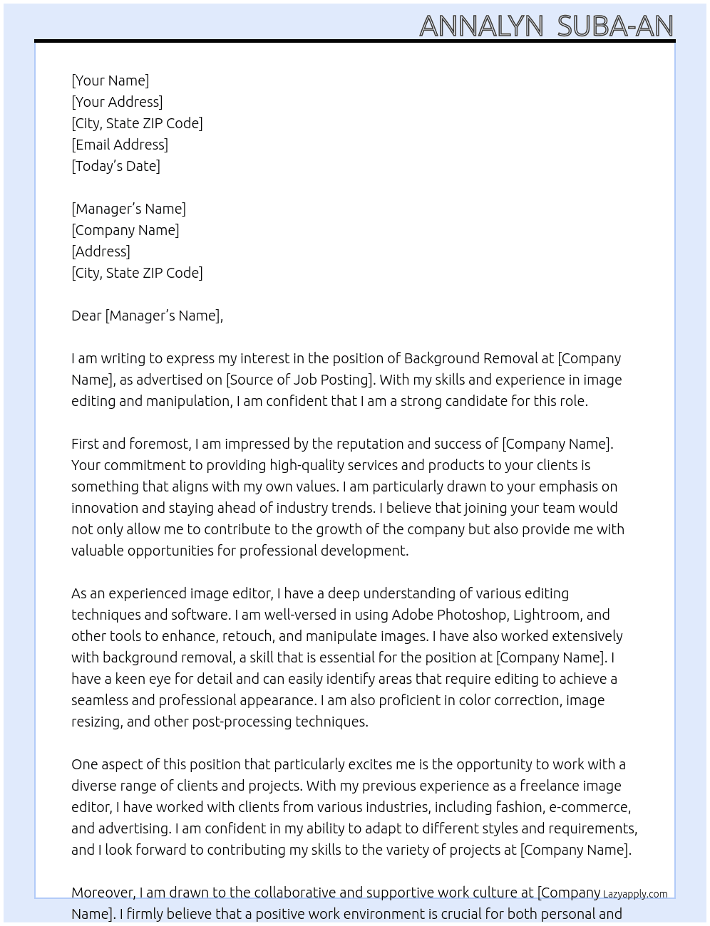 Background Removal At Annalyn  Suba-an Cover Letter