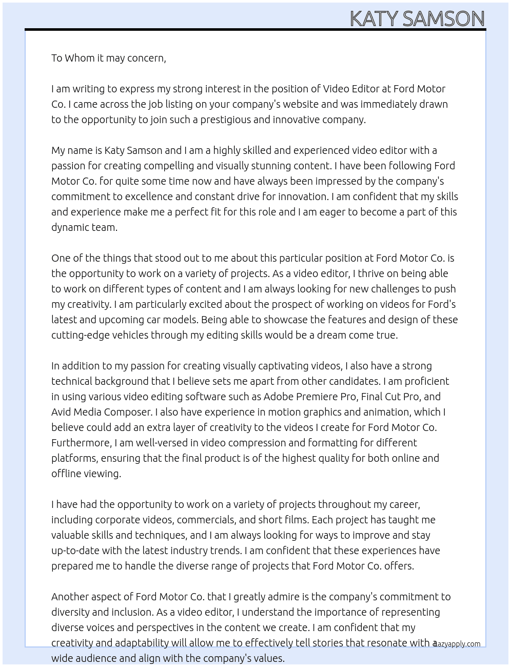 Video Editor At Ford Motor Co. Cover Letter