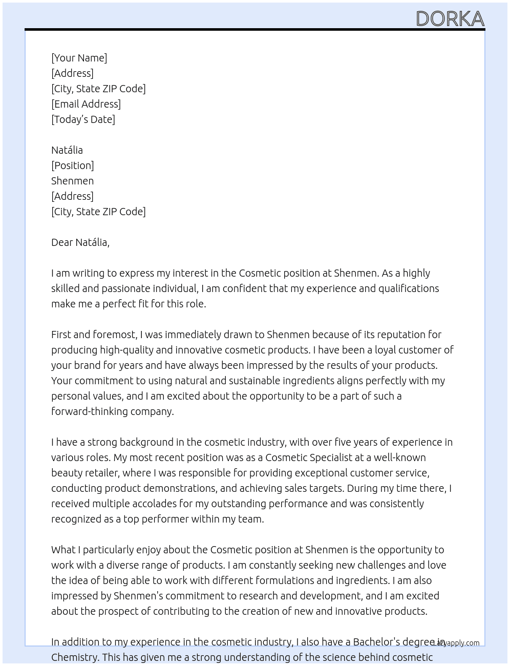 Cosmetic At Shenmen Cover Letter
