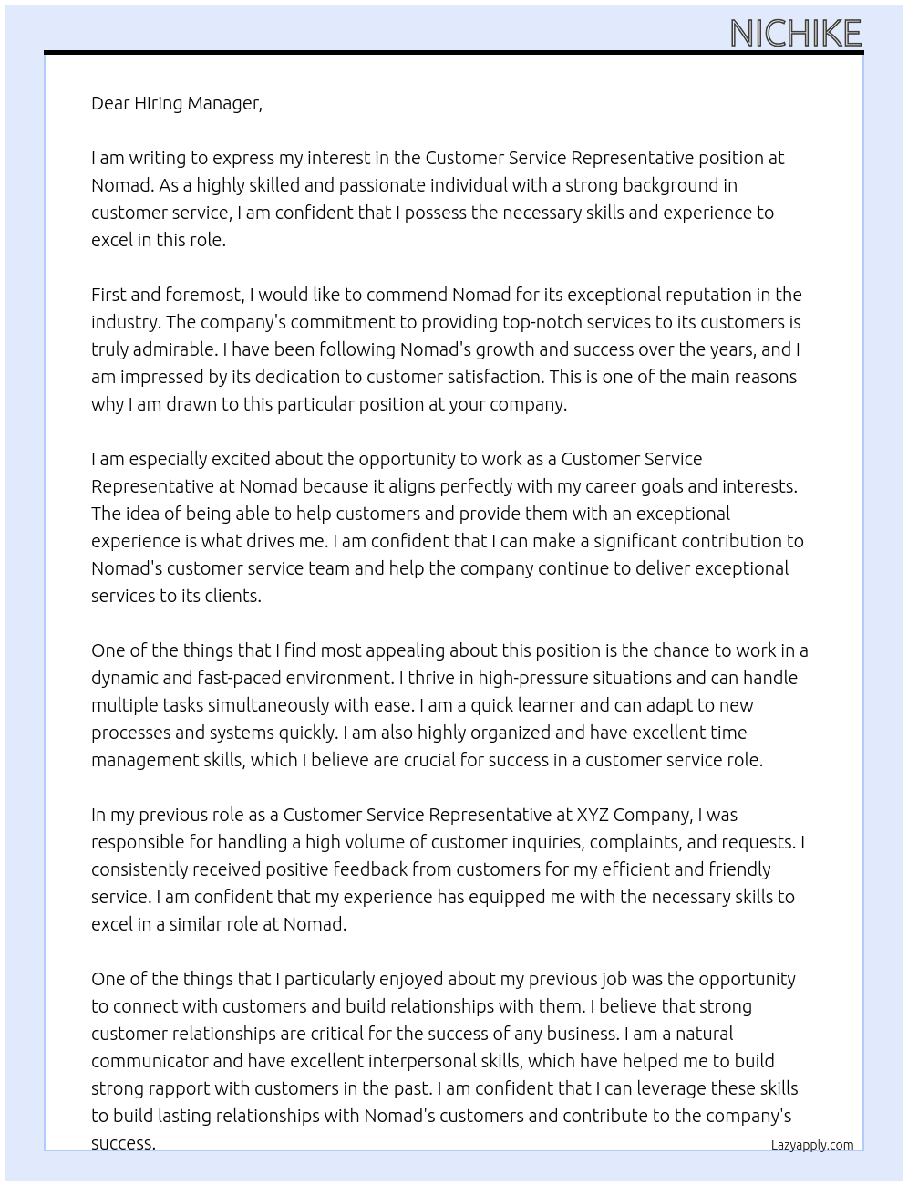 Customer service representative  At Nomad  Cover Letter