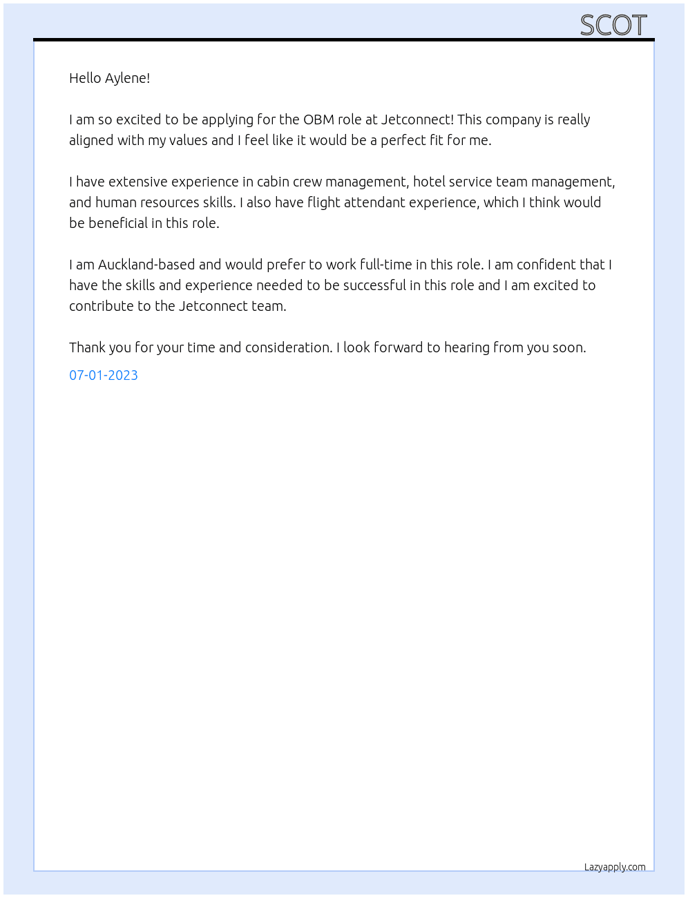 OBM At Jetconnect Cover Letter