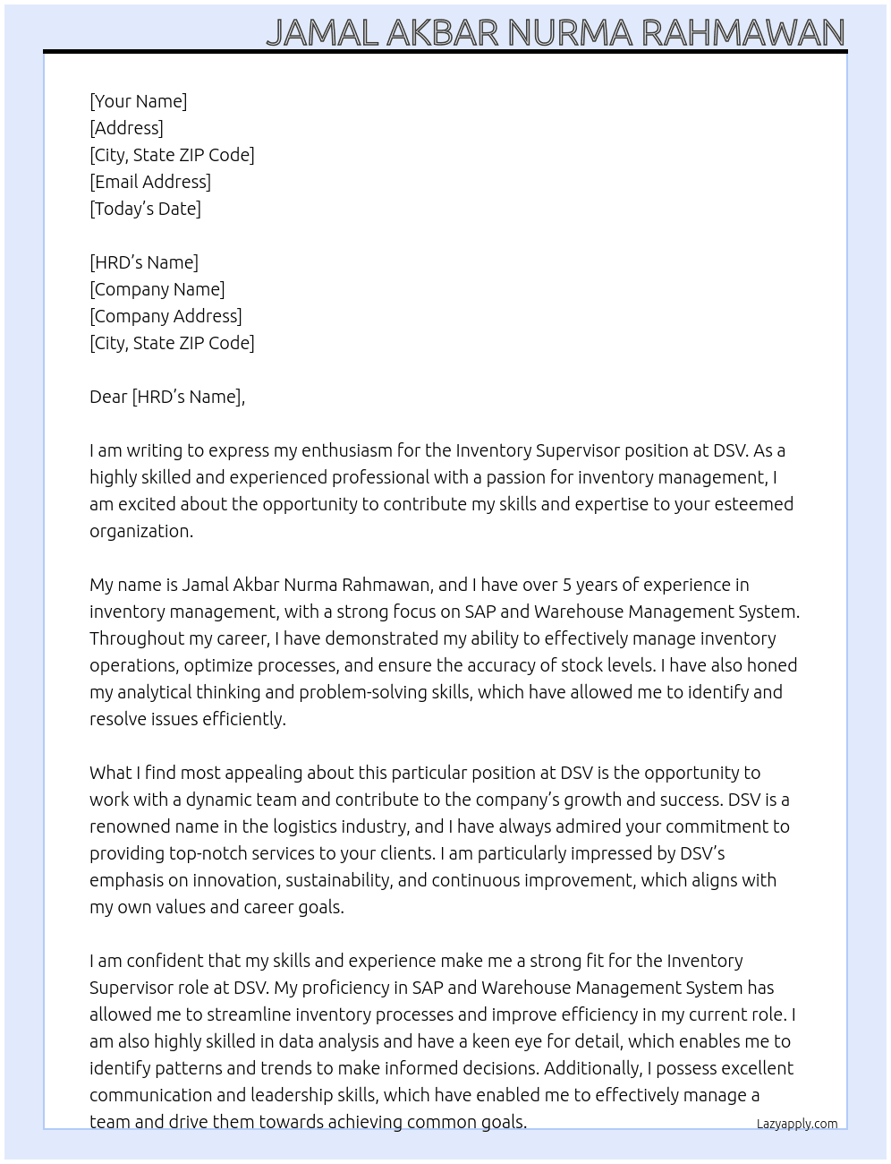 Inventory Supervisor At DSV Cover Letter