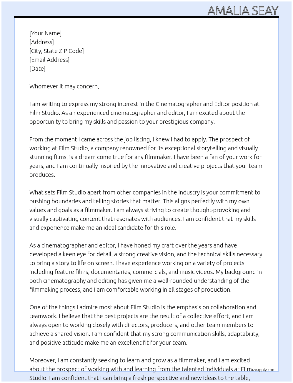 Cinematographer and Editor At Film Studio Cover Letter