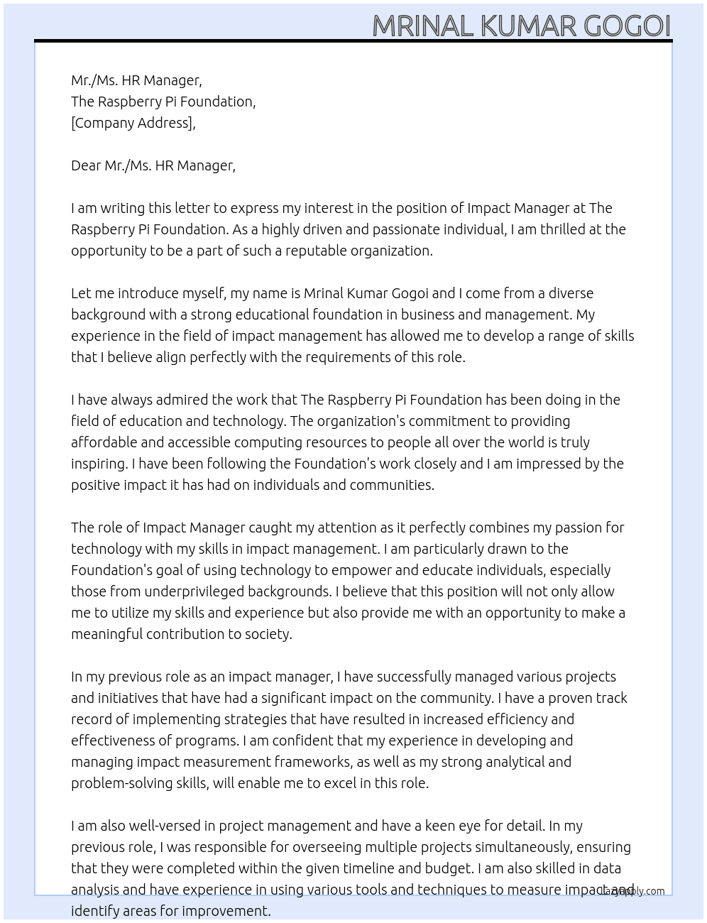 Impact Manager At The Raspberry Pi Foundation Cover Letter