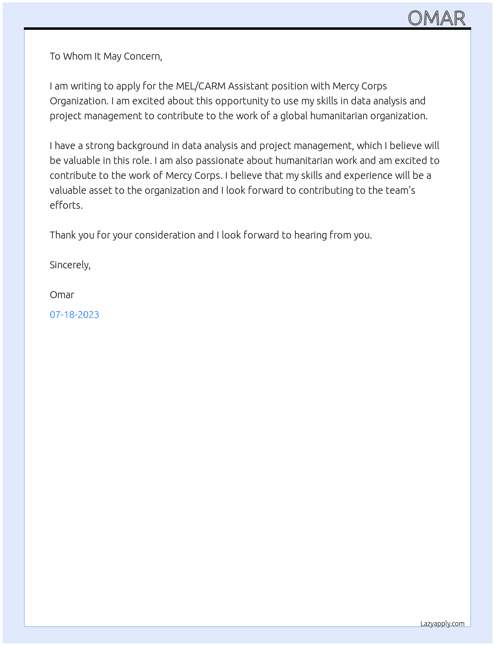 MEL/CARM Assistant At Mercy Corps Organization Cover Letter