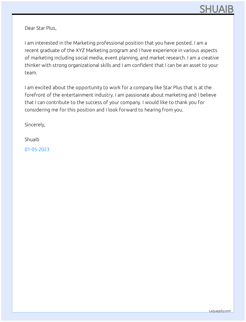 Marketing professional At Star plus Cover Letter