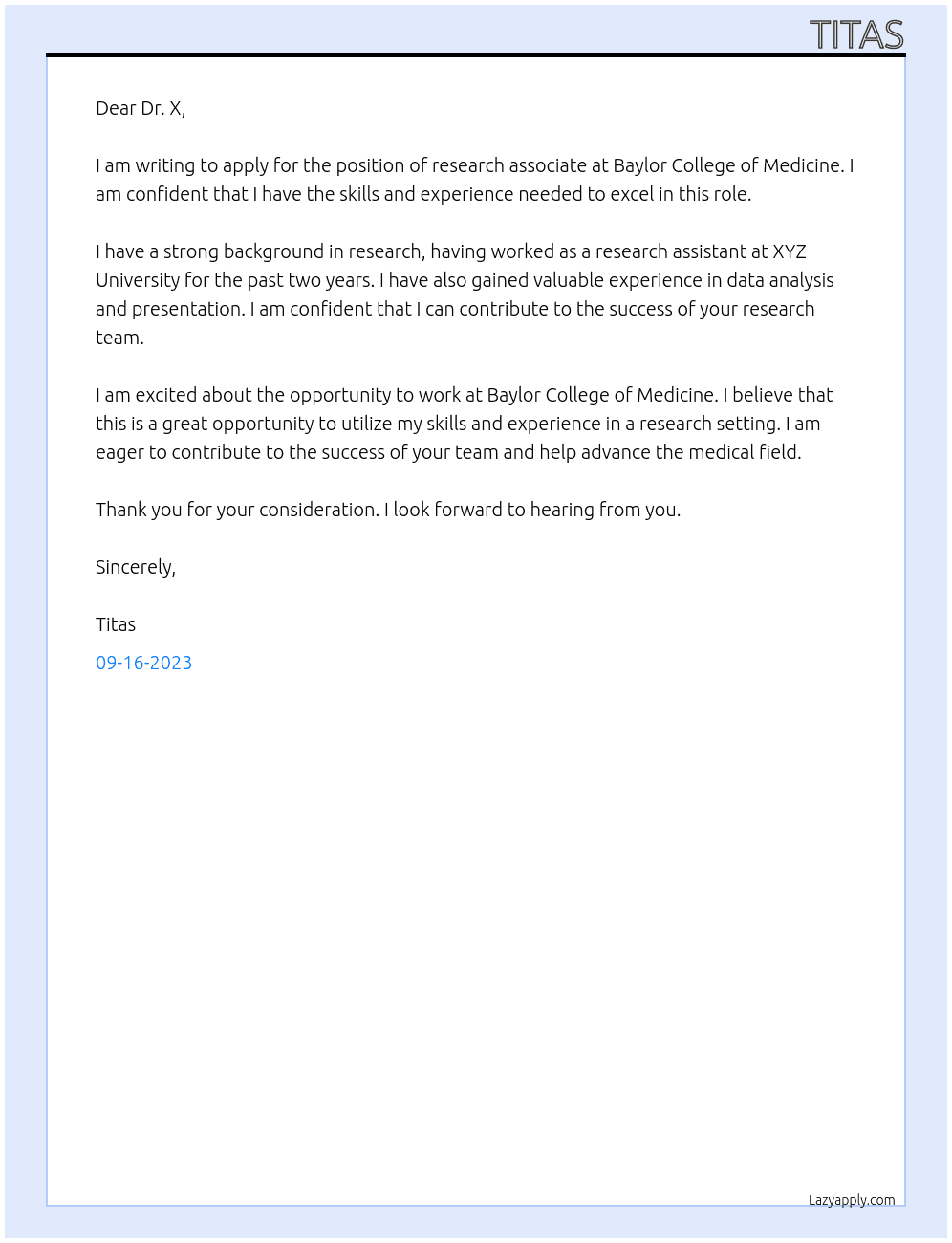 Research associate At Baylor College of Medicine Cover Letter