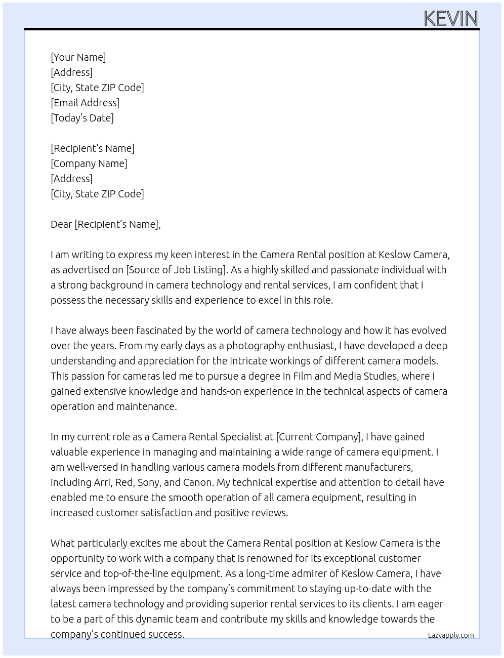 Camera Rental At Keslow Camera Cover Letter