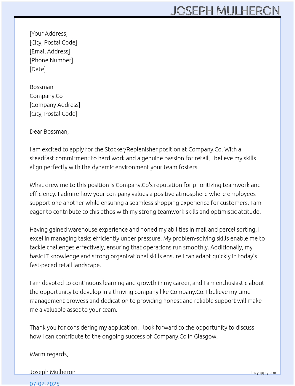 Retail Worker At Company.Co Cover Letter