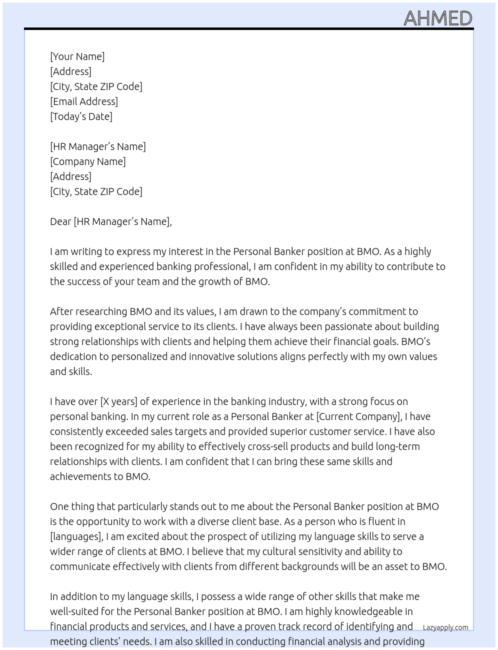 personal banker At BMO Cover Letter