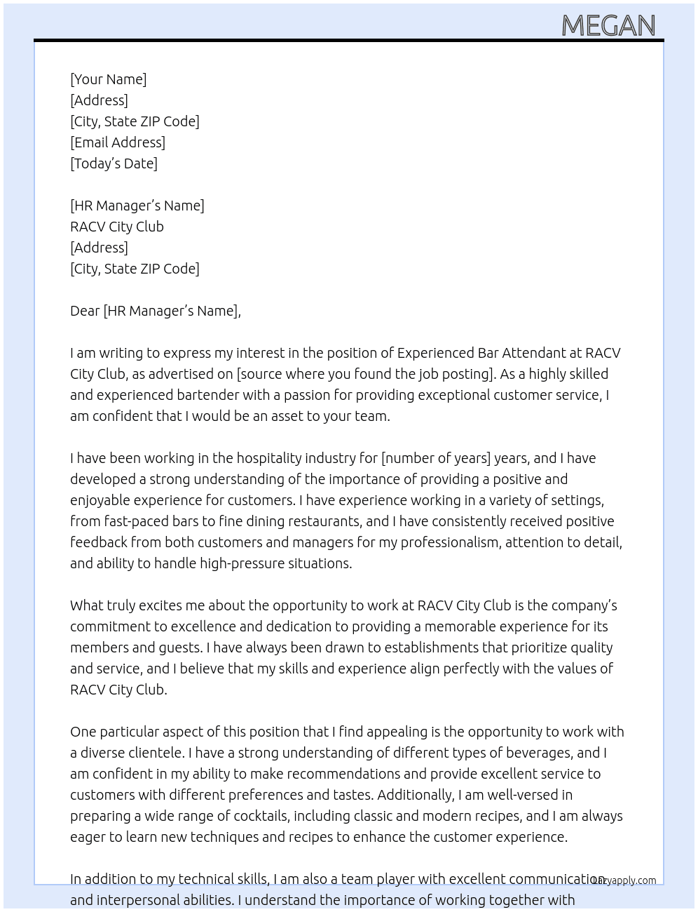 Experienced Bar Attendant  At RACV City Club  Cover Letter