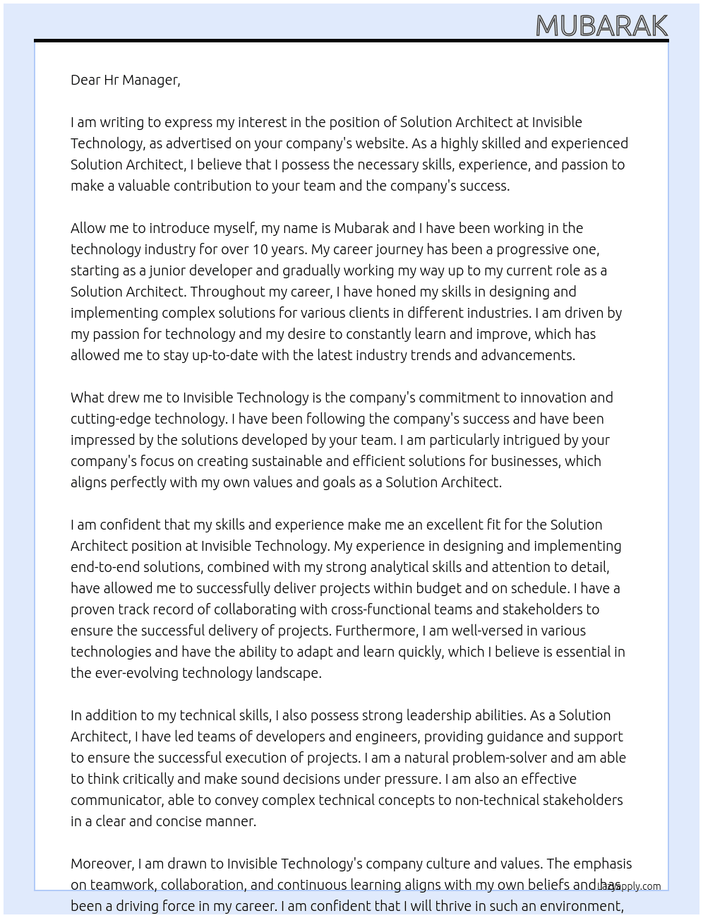 Solution Architect At Invisible Technology  Cover Letter