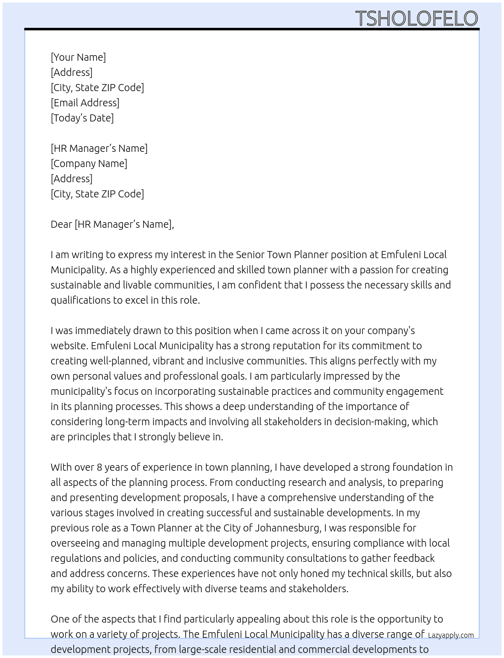 SENIOR TOWN PLANNER At EMFULENI LOCAL MUNICIPALITY Cover Letter