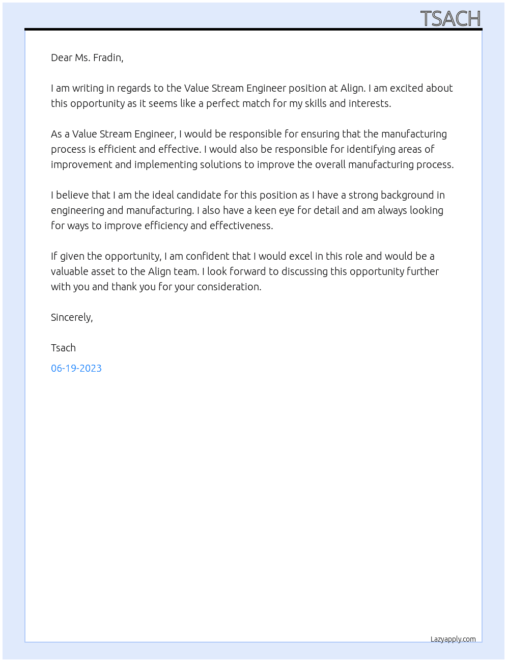 Value Stream Engineer At Align Cover Letter