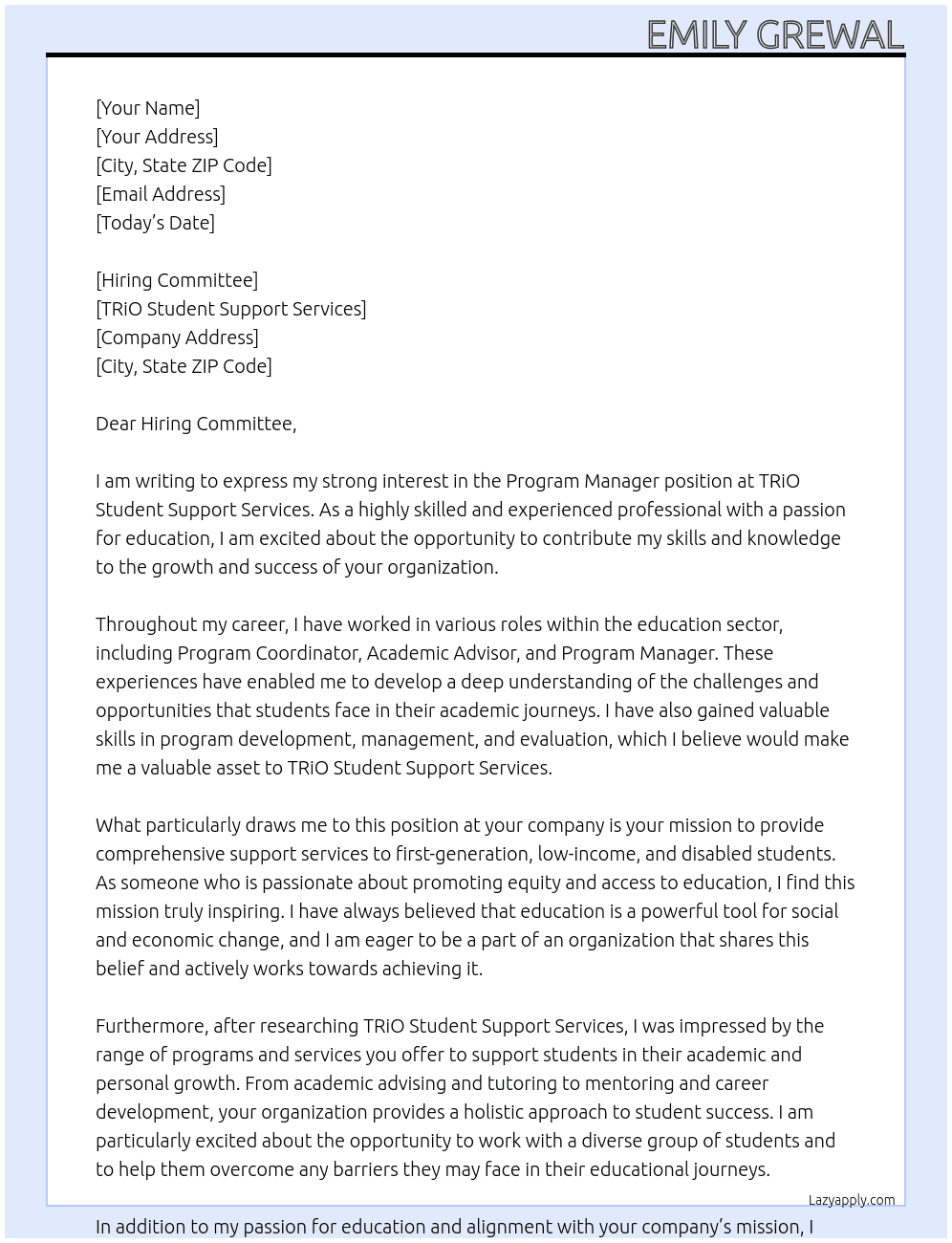 Program Manager At TRiO Student Support Services Cover Letter