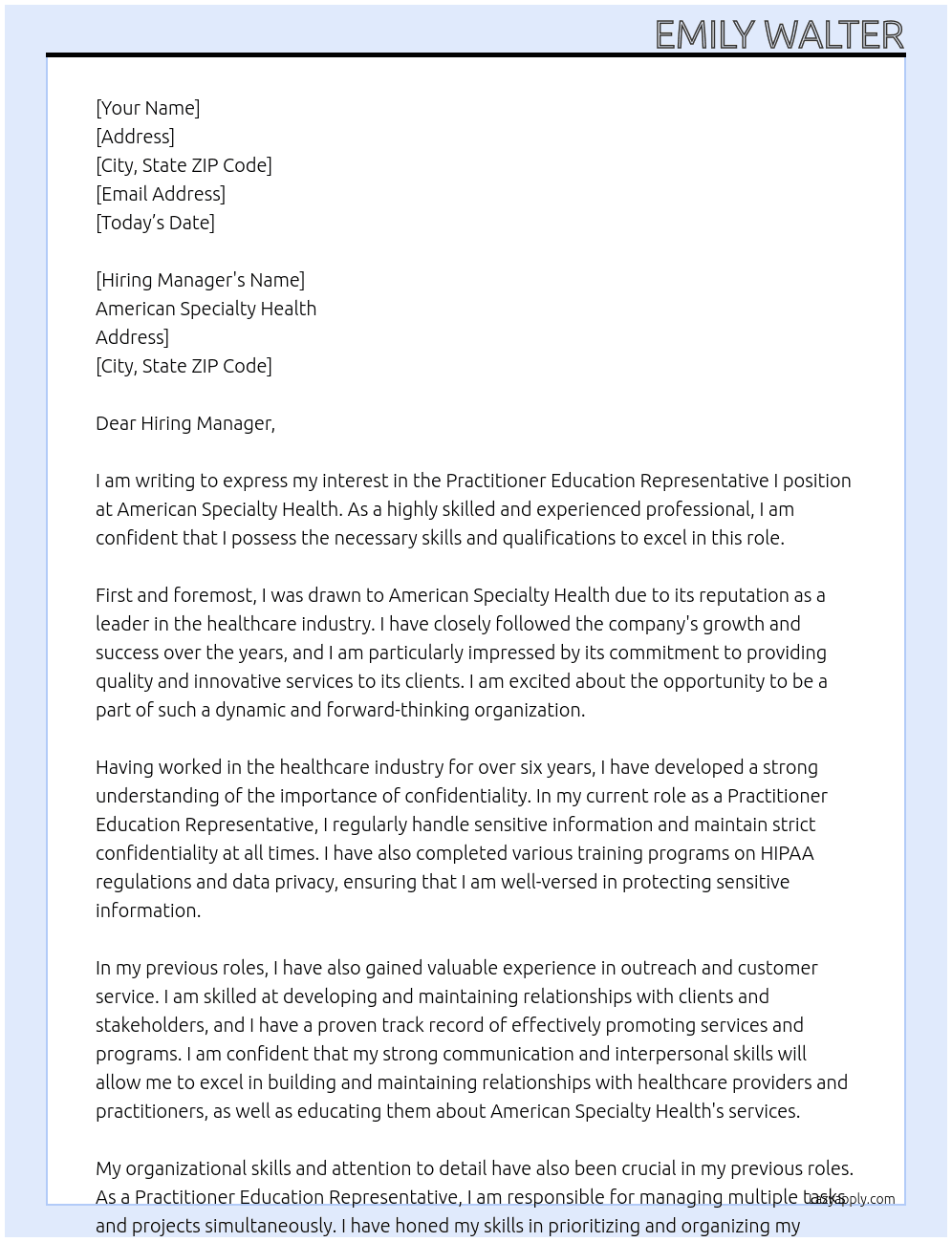 Practitioner Education Representative I  At American Specialty Health  Cover Letter